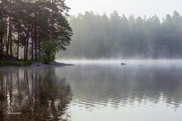 Rocky surface, foggy lake Meiko, Kirkkonummi Finland July 2020